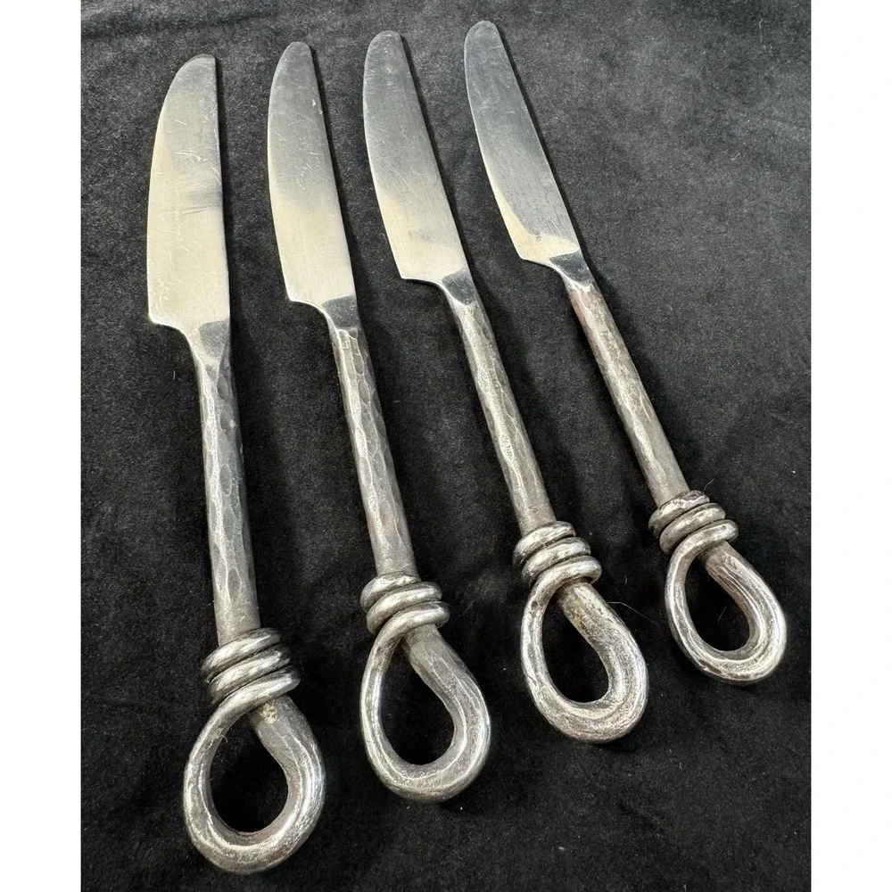 Rustic Hand Forged Black Loop Twist Dinner Knives Set 4 Blacksmith Hammered 9